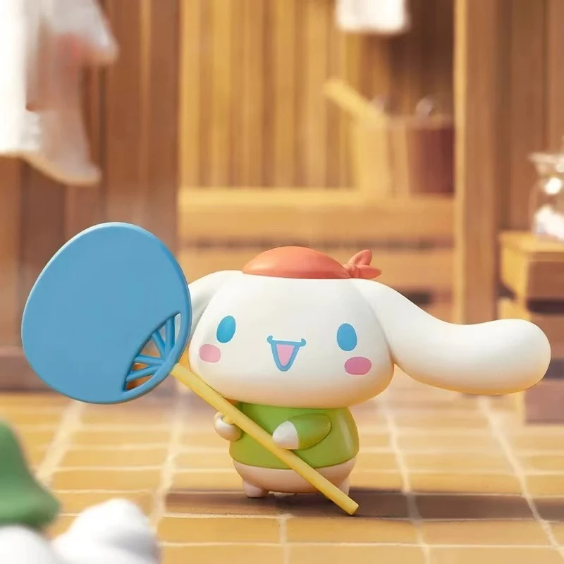 Sanrio characters enjoying a sauna: Pachi Dog Cinnamon Dog Ugly Fish, Pudding Dog, Cool Penguin, Big Eye Frog blind box figurine