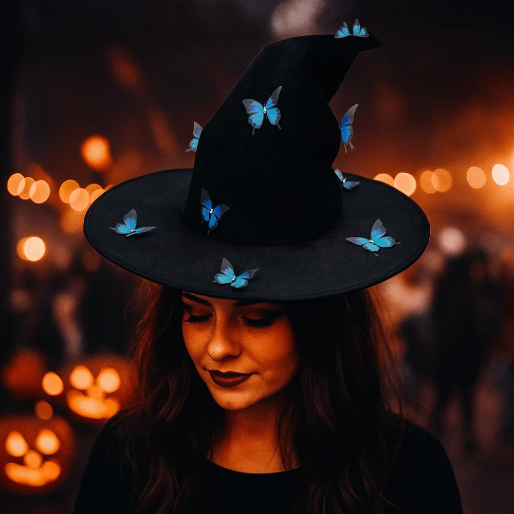 

Foldable Colorful Halloween Witch Hat Velvet Cosplay Accessories Butterfly Wizard Cap Party Props Halloween Black Cap Women Men