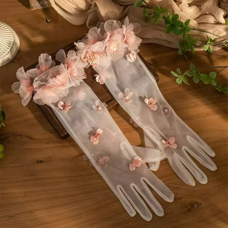 

Модные, нежные, новые свадебные перчатки с розовыми цветами, длинные, из белого тюля, украшение для рук, аксессуары для свадебного платья