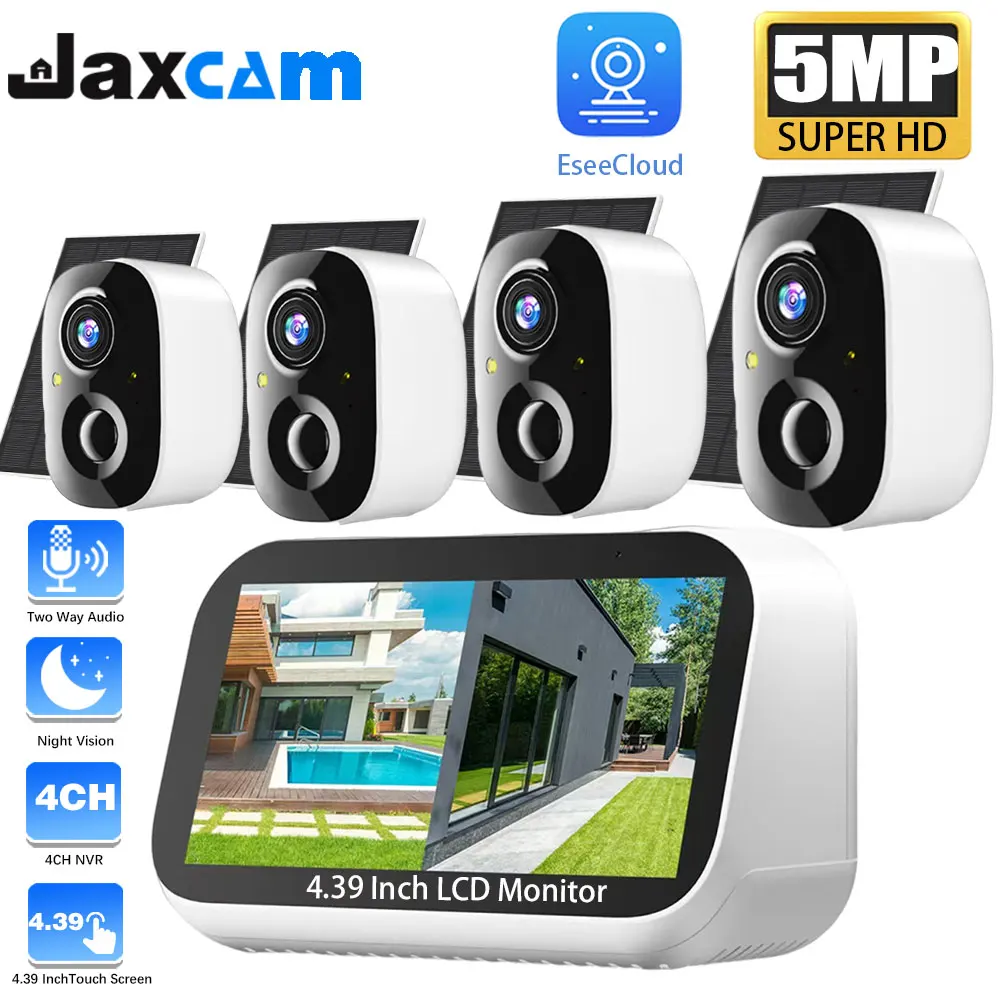 

5MP WIFI Solar Surveillance Camera HD Human Detection Full Color Night Vision Two Way Audio Kit 4.39 Inch LCD Monitor ESeecloud