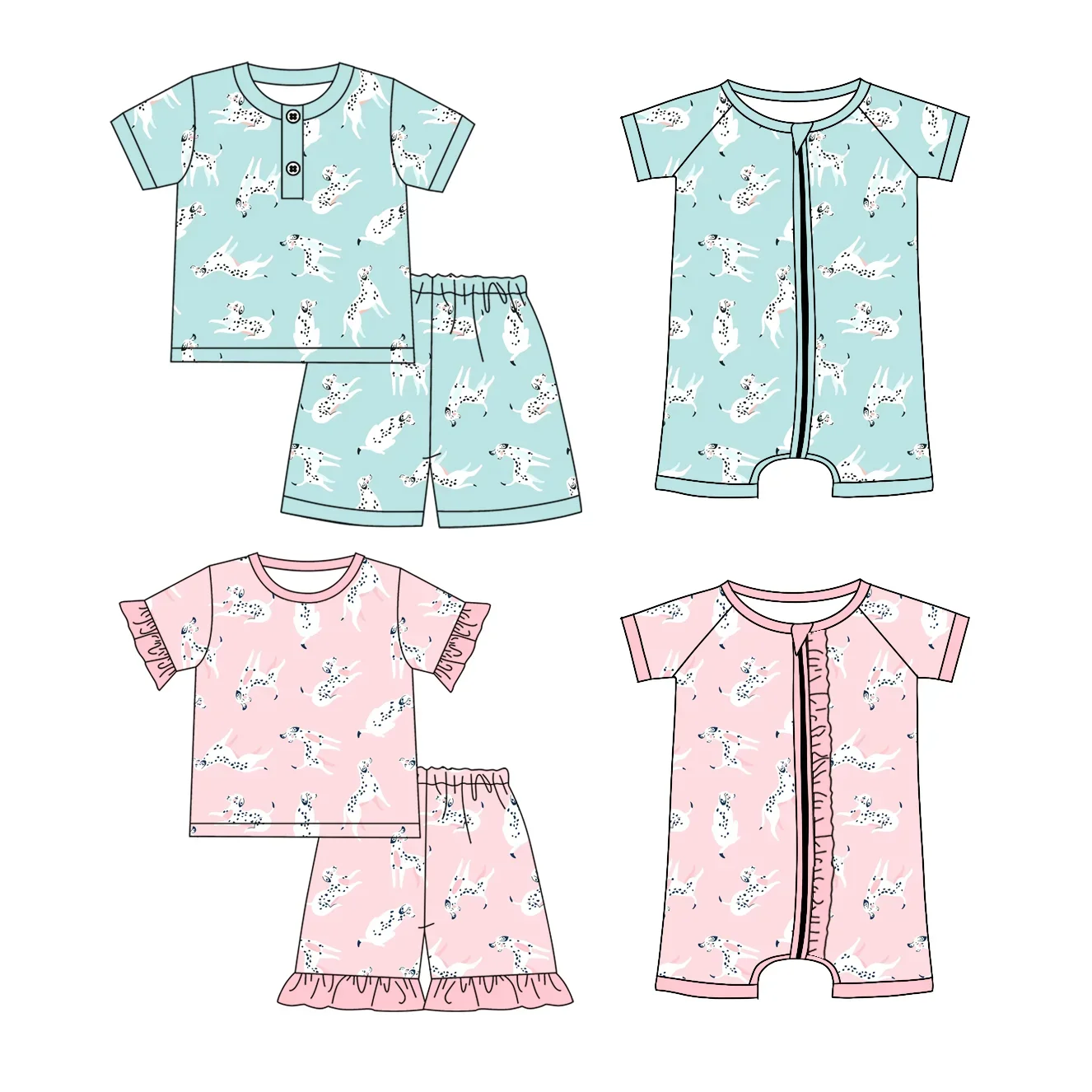 

New Boutique Children's Suit Short-sleeved Cartoon Print Shorts Lace Girls Boy Suit Baby Jumpsuit