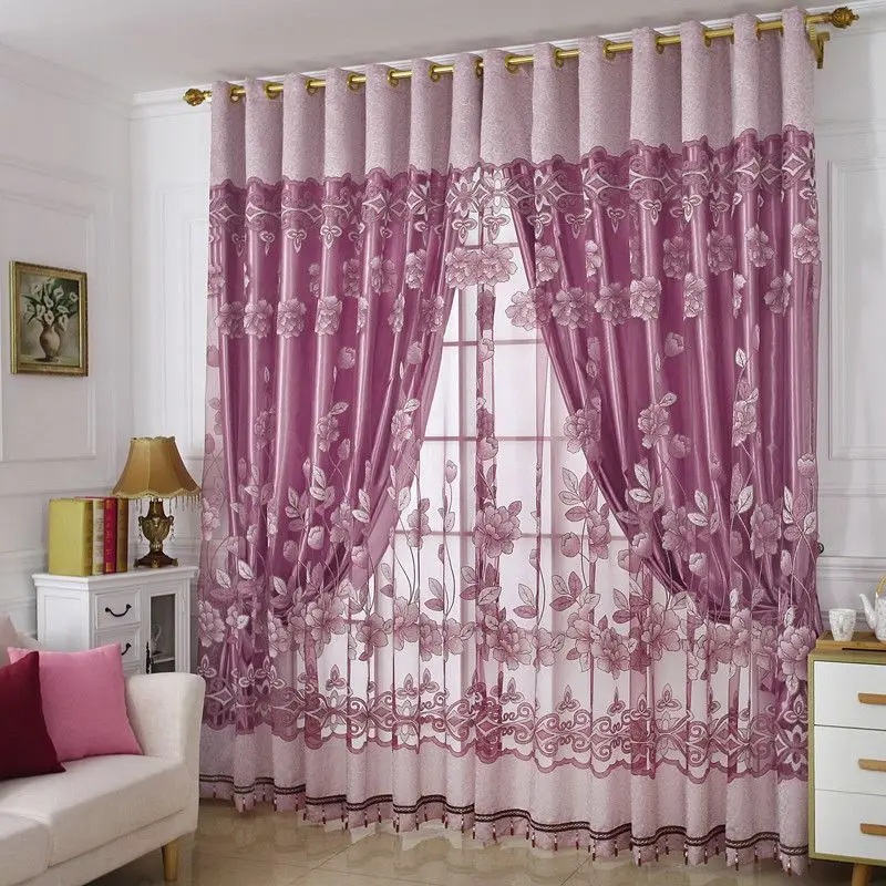 

Elegant Double Layer Curtain Embroidered Sheer Tulle + Solid Cloth with Beads Romantic Floral Design for Living Room Bedroom