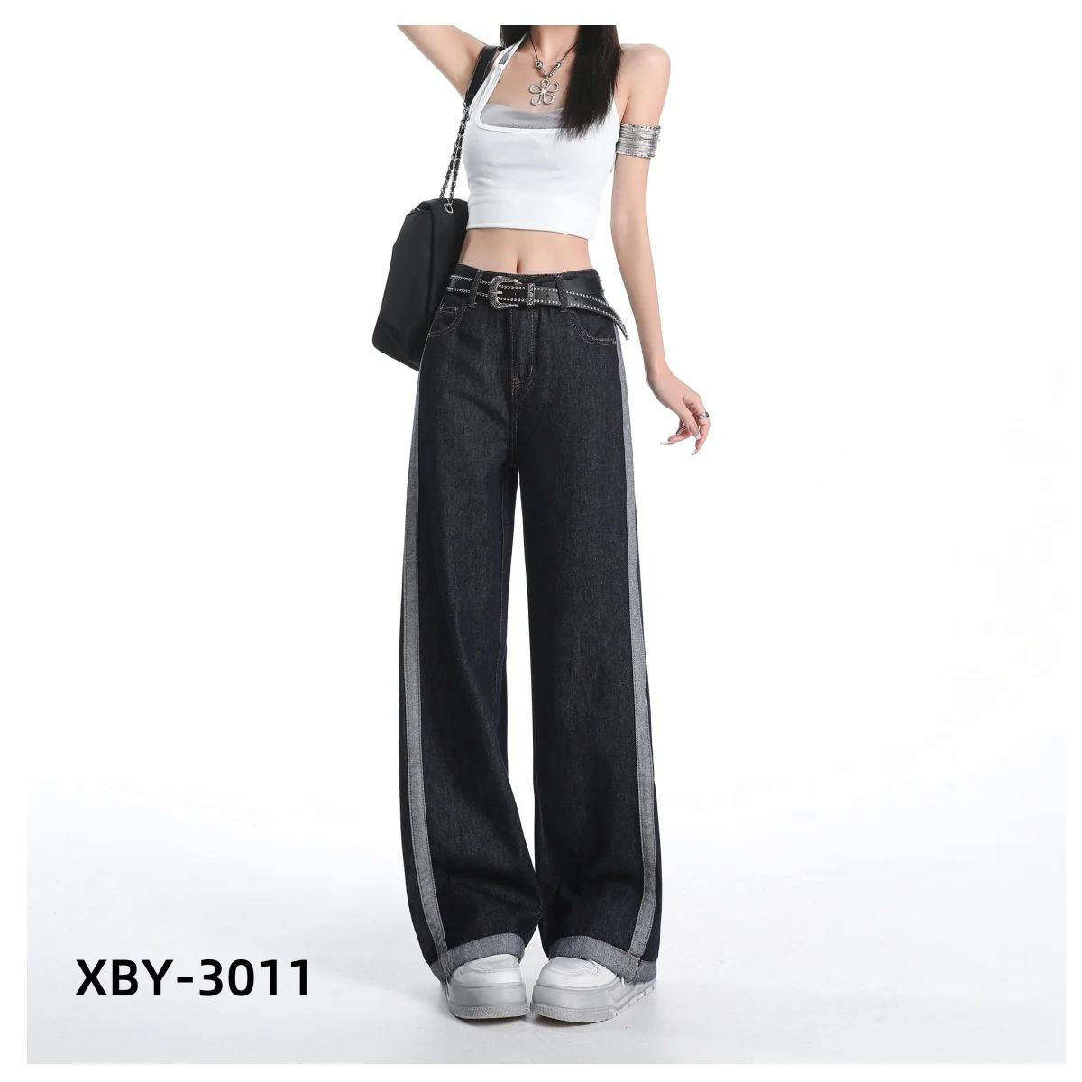 Preto de cintura alta calças de brim retas primavera & outono moda feminina casual calças de perna larga y2k calças 2025 design sentido calças de chão