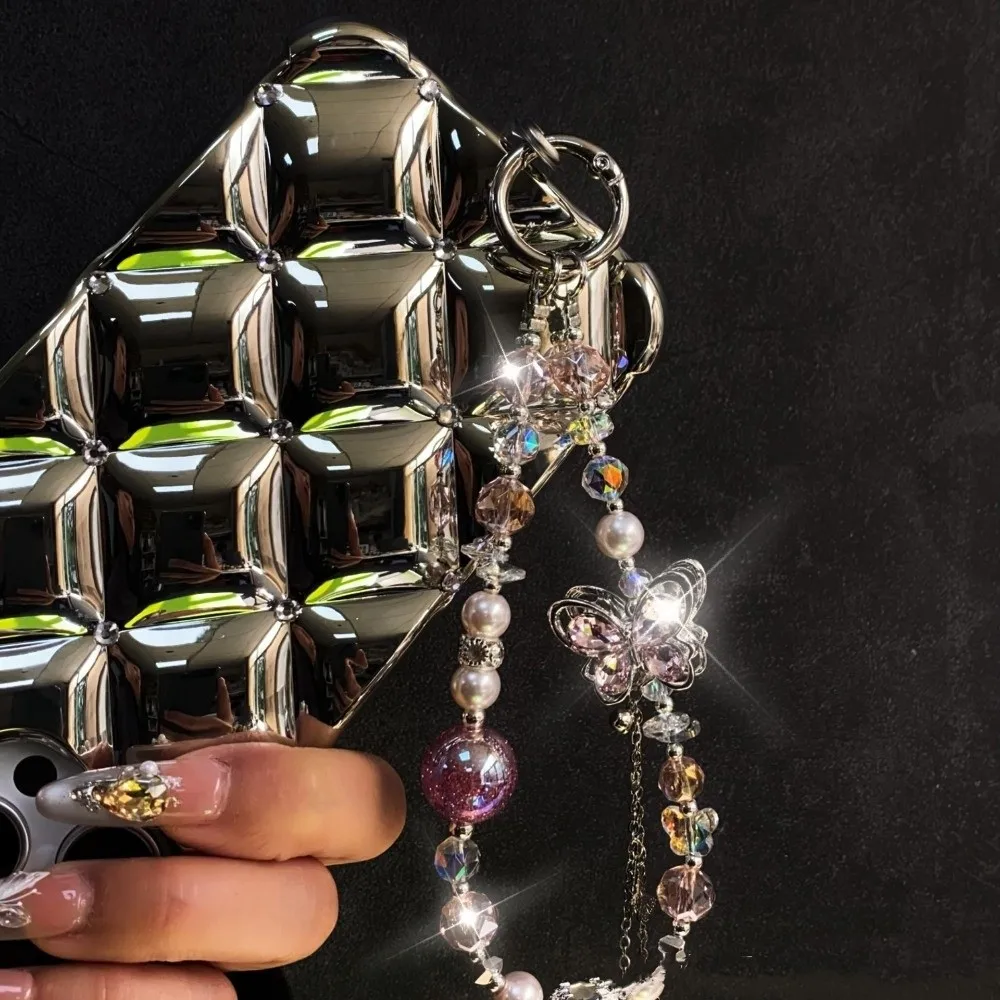 

Ремешок для телефона с бабочкой и кристаллами из бисера, цепочка на запястье с защитой от потери, цепочка для мобильного телефона с жемчугом, роскошный ремешок для мобильного телефона, подарок на Новый год