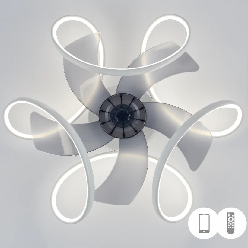 Creative Design Fan Lamp Iron Material LED Flush Mount Ceiling Lamp Remote Control 6 Gears Fan Speed Dimming Bedroom Ceiling