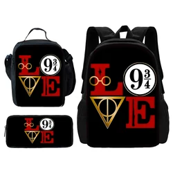 Cartoon Harry's Wand Potters 3-teiliges Set Kinder-Schulrucksack mit Lunchtaschen, Bleistiftbeutel, Schultaschen für Jungen und Mädchen, bestes Geschenk