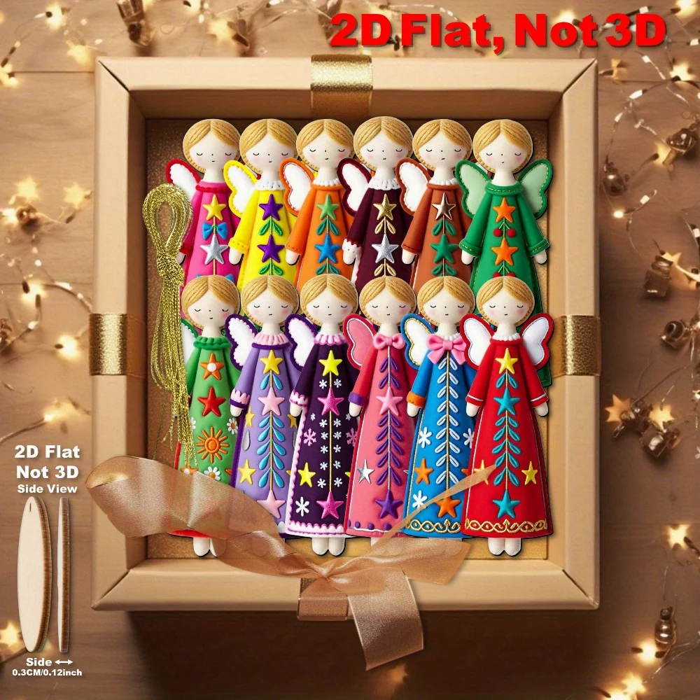18Pcs Multicolor Angel Girl Christmas Hanging Ornaments, 2D Flat Wooden Angel Decor, Star Floral Gift Tags Party Home Decor