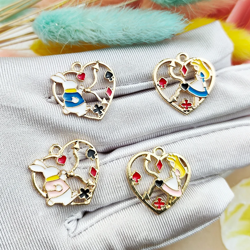 

10pcs Bunny Alice Heart Enamel Pendants Charms Cartoon Princess Girl Alloy Charms Fit Fashion Jewelry DIY Earring Bracelet Float