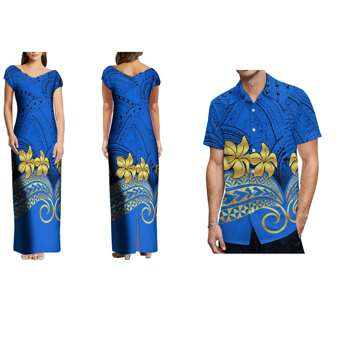 

Stylish Women'S V-Neck Short-Sleeved Dress Polynesian Tribe Design Retro Printed Hawaiian Sheath Maxi Dress With Men'S Shirt