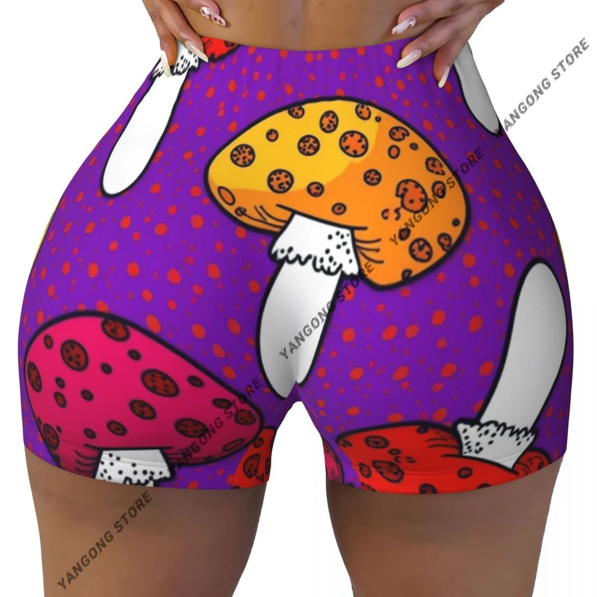 Women's Yoga Shorts Cartoon Mushrooms Pattern Scrunch Booty Butt Lifting Comfort Fitness Gym