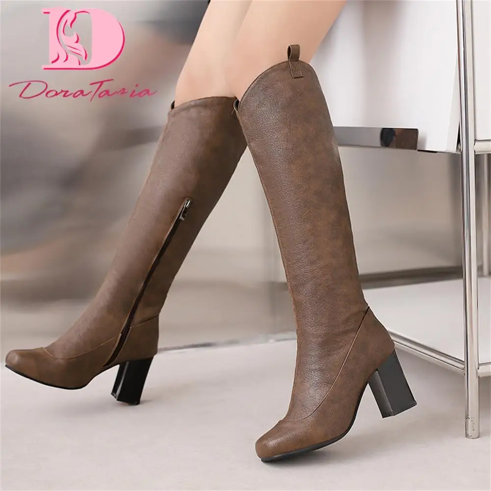 

Plus Size 50 New Ladies Solid Knee High Cowboy Boots Fashion Zip Thick High Heels women's Boots Party Office Sexy Woman Shoes