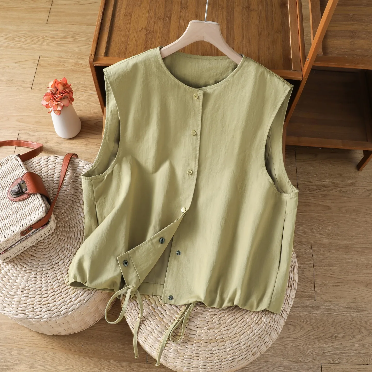Comfortable Inner Lined Large Size Jacket with Drawstring And Button Design Slim Fit A-Line Hemline Easy to Match Vest