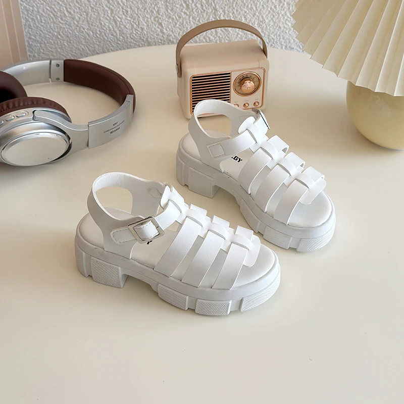 3-18 Years Old Children's Sandals Summer White Thick Bottom Open Toe Boys and Girls Shoes Black Woven Hollow Kids Beach Sandals