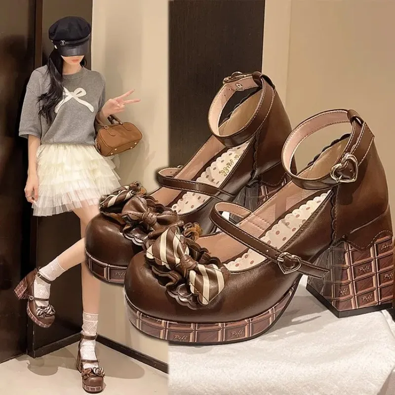 

2025 New Sweet Girls Lolita High Heels Platform Shoes Young Women Students Cute Chocolate Candy Bowknots Ankle Strap Mary Jane