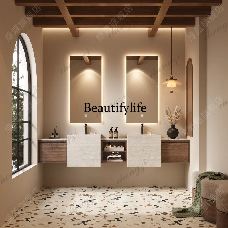 Rock slab integrated basin, solid wood bathroom cabinet combination, seamless sink with storage drawers, wall-mounted