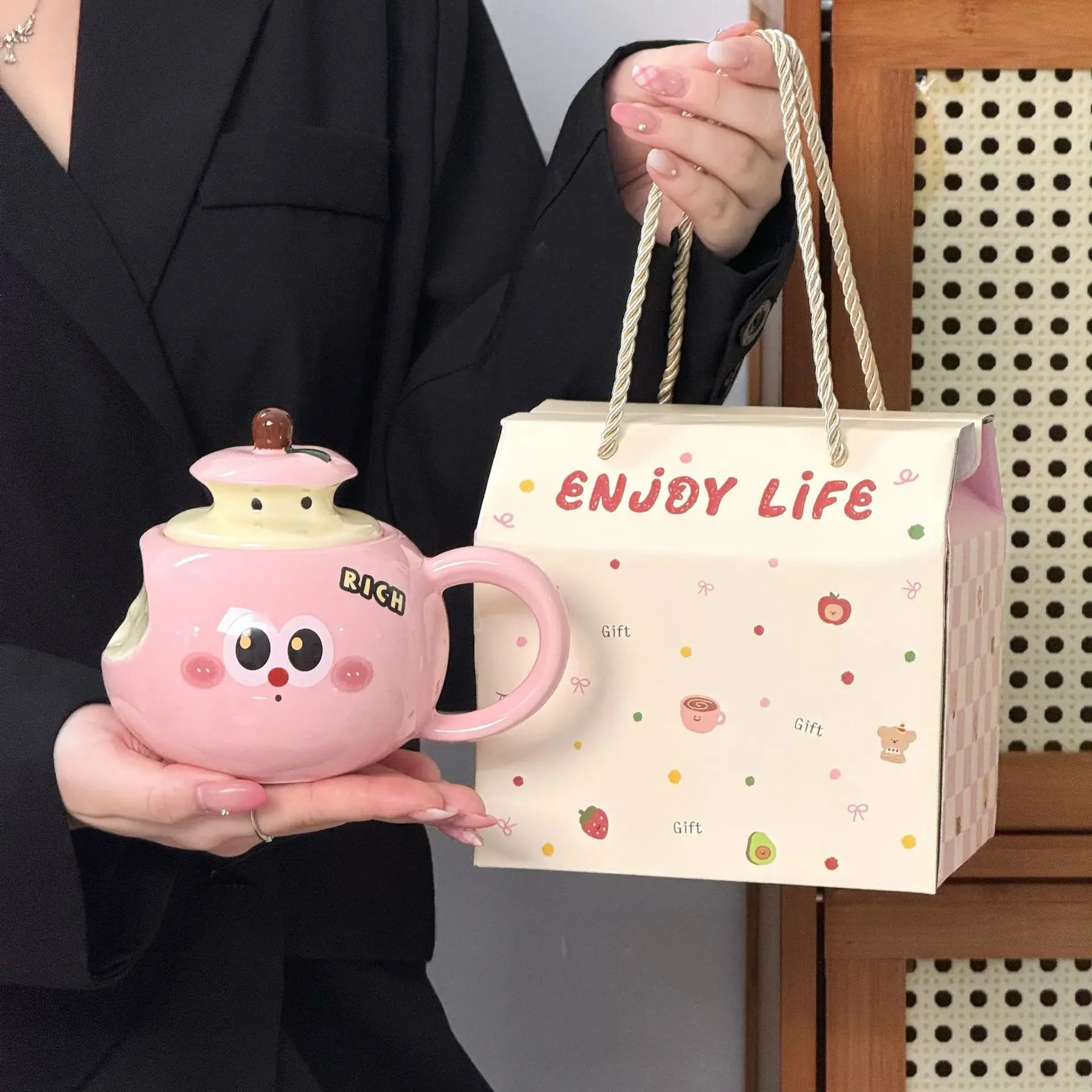 Christmas Apple Cute Couple Mug with Lid Office Coffee Ceramic Cup Gift for Women