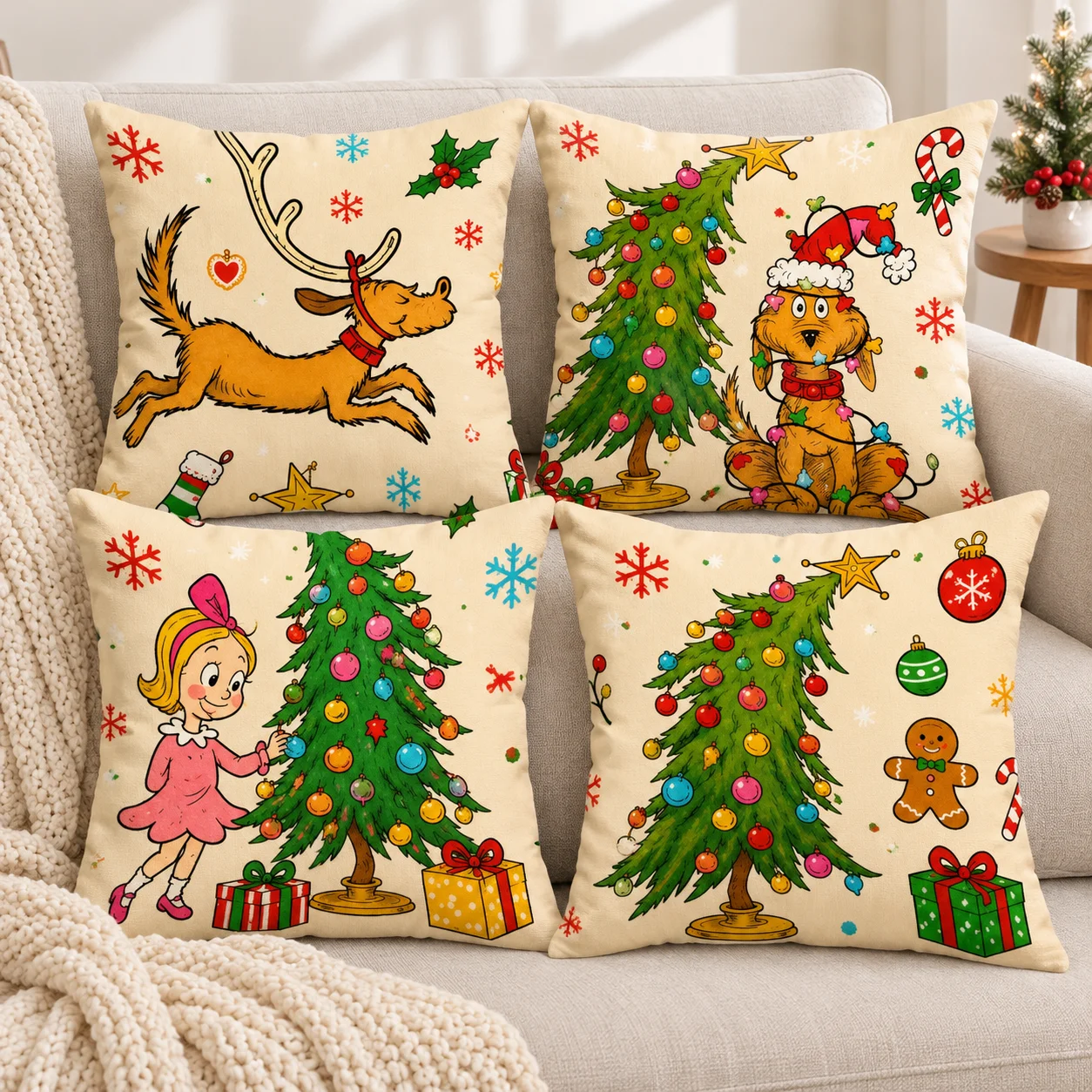 Christmas Throw Pillow Covers, 2D Flat Double Sided Print, Reindeer Dog, Lighted Dog, Girl & Xmas Tree Design, Holiday Cushion