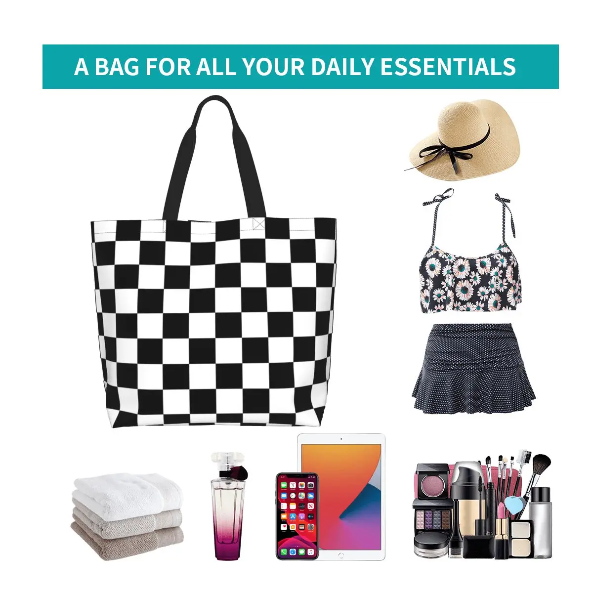 Black And White Checkerboard Shopping Tote Bag Canvas Large Capacity Shoulder Bags Shopper Grocery Handbag for Women
