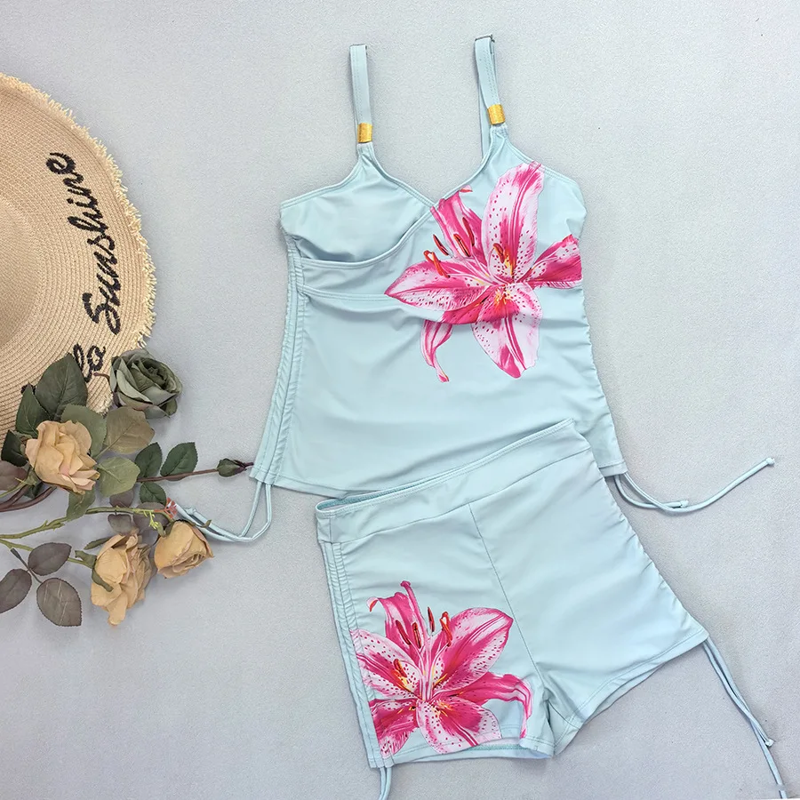 

Светло-голубой купальник с цветочным принтом: женские бикини, шорты и танкини, сексуальный купальник для отпуска, пляжная одежда, бразильское бикини для женщин