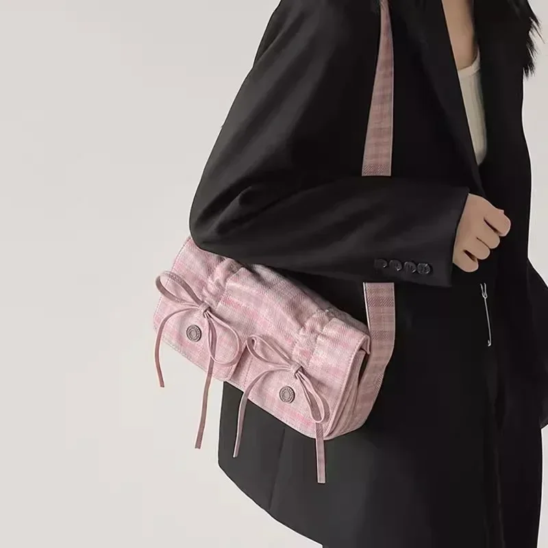 Plaid Pink Womens Shoulder Crossbody Bag Pleated Casual Cute New Fashion PU Leather Handbag Literary Designer Armpit Bag