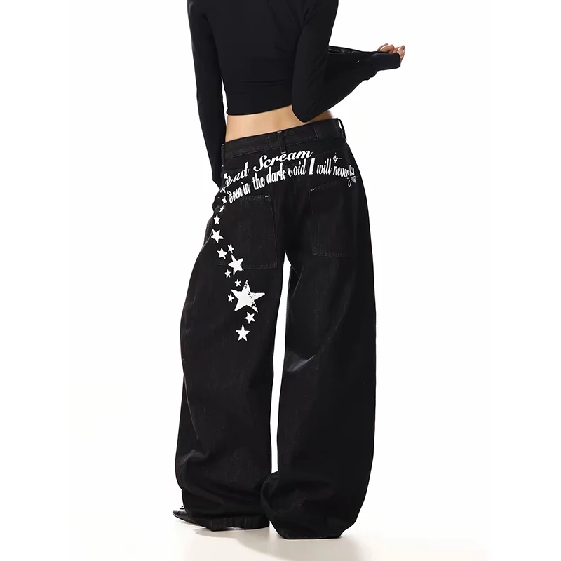 ZHIZOU Women Gothic Y2k Baggy Black Jeans Harajuku American Vintage Oversize Denim Trousers Japanese Letter Print Jeans Pants