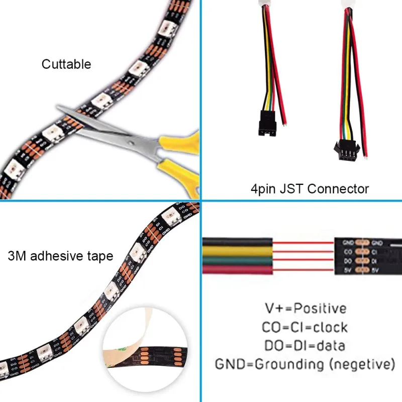 Imagem -05 - Fita Led Endereçável Fita Inteligente para Lâmpada Pixel Rgb Dados e Relógio Smd 5050 Apa102 Sk9822 5v 30 60 144 Leds m m 5m