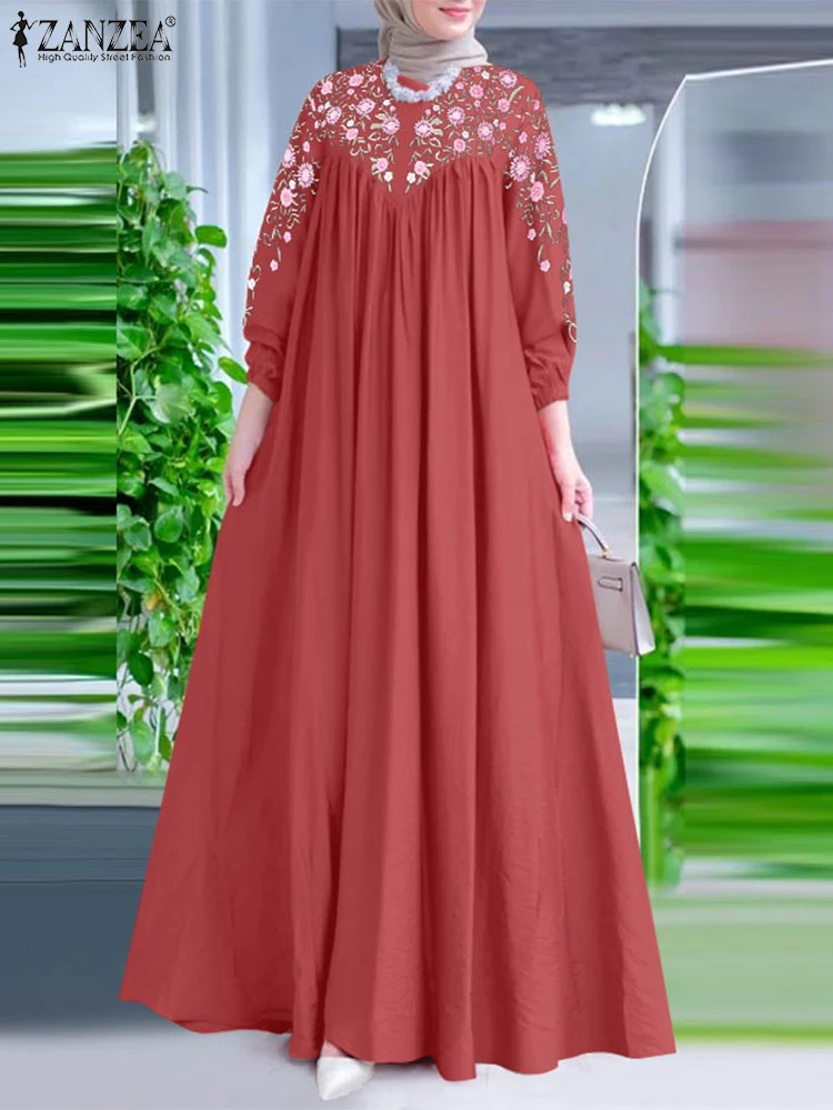 

ZANZEA Floral Print Muslim Islamic Maxi Dress Pleated Vintage Women Long Sleeve Vestidos Hijab O Neck Seam Detail Abaya Robe