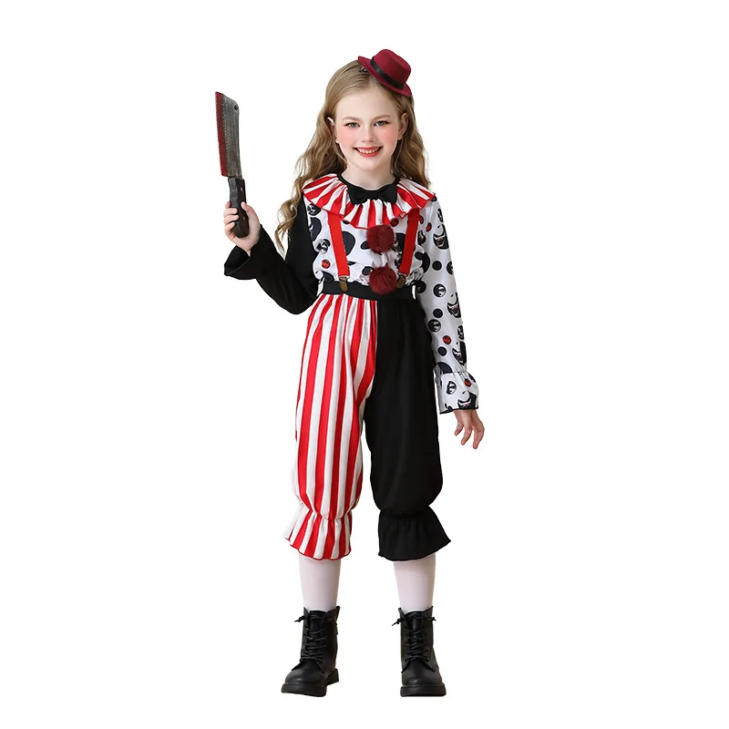 Kids Scary Clown Costume Red White Stripe Jumpsuit Girls Halloween Horror Cosplay Outfit Carnival Fancy Dress with Mini Hat XY46