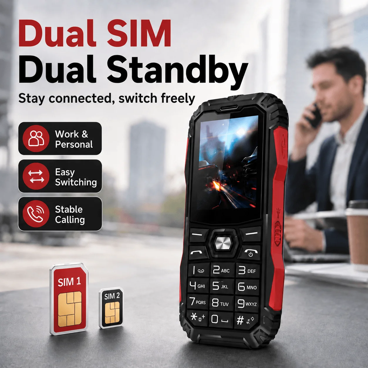 Rugged Style Feature Phone Dual SIM Big Button Loud Speaker Flashlight Long Standby Basic Mobile Phone for Seniors Outdoor Use