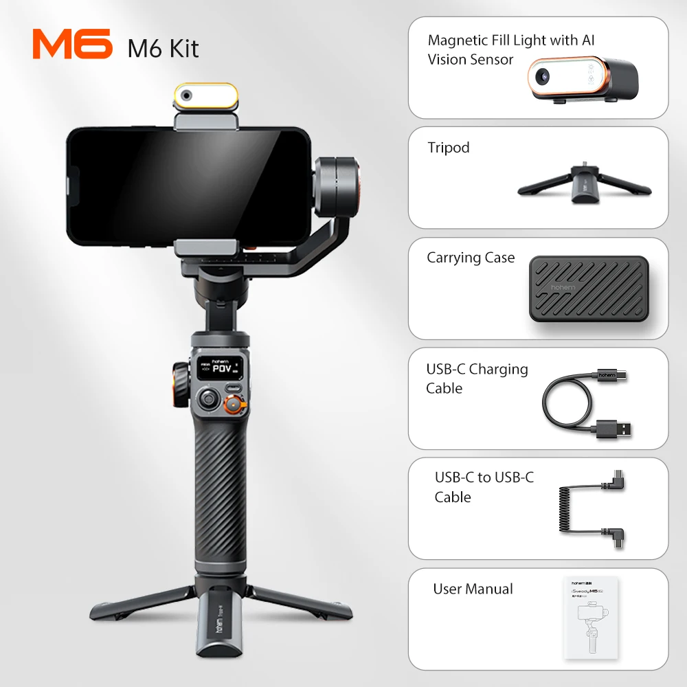 Hohem-iSteady M6 Kit Gimbal للهواتف الذكية، Gimbal ثلاثي المحاور، جهاز تعقب AI، ملء الضوء، لهاتف iPhone 16 Pro Max ومثبت Android