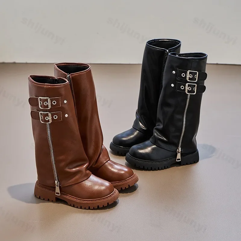 Children's Pu Leather Boots 2026 Autumn Comfortable Anti Slip Zipper Fashion Kids Knee Boots Girls Outdoor Buckle Princess Boots