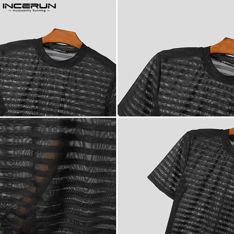 Top stile Sexy alla moda INCERUN t-shirt sottili trasparenti a righe da uomo Fashion Clubwear Camiseta a maniche corte maschile S-5XL 2024