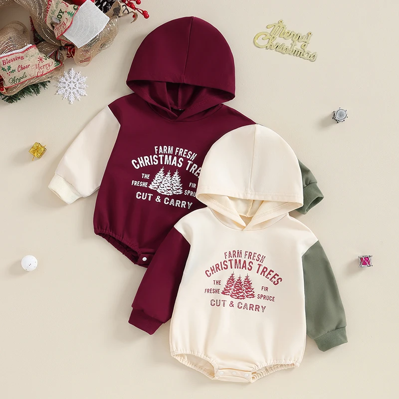 

2023-08-14 Lioraitiin 0-24M Newborn Baby Long Sleeve Christmas Bodysuit Letter Print Hood Infant Raglan Sleeve Jumpsuits