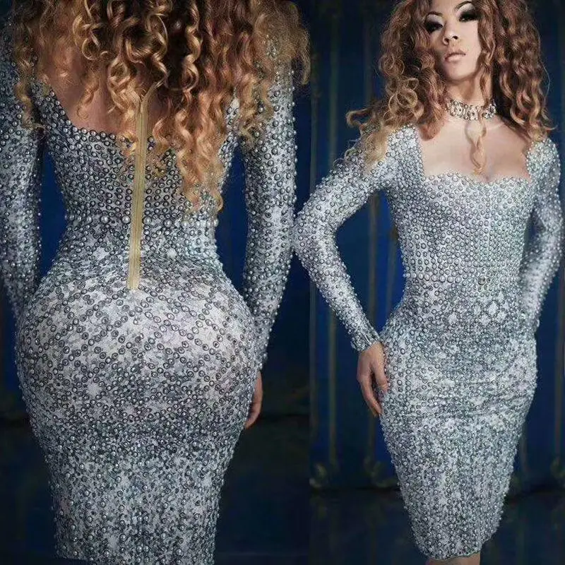 Sparkly Pearl Rhinestones Dress Women Birthday Celebrity Prom Party Night Outfit Long Sleeve Graceful Bodycon Dresses Stage Wear