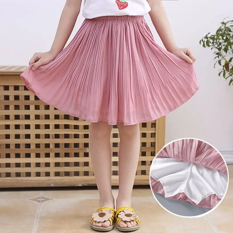 

Children Chiffon Solid Princess Pleated Skirt Sweet Big Kids Tutu Skirts with Safety Pants Elastic Waist Mini Skirt for Girls