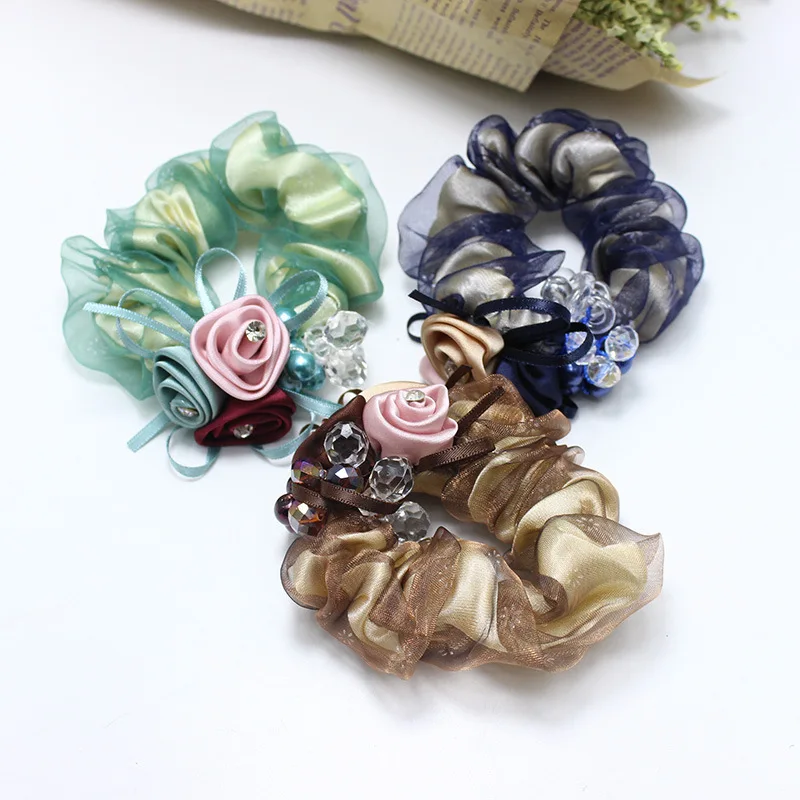 Fashion Silk Ribbon Rose Flower Hairband Imitation Crystal Rhinestones Scrunchies for Women Girls Ponytail Hair Accessories Gift