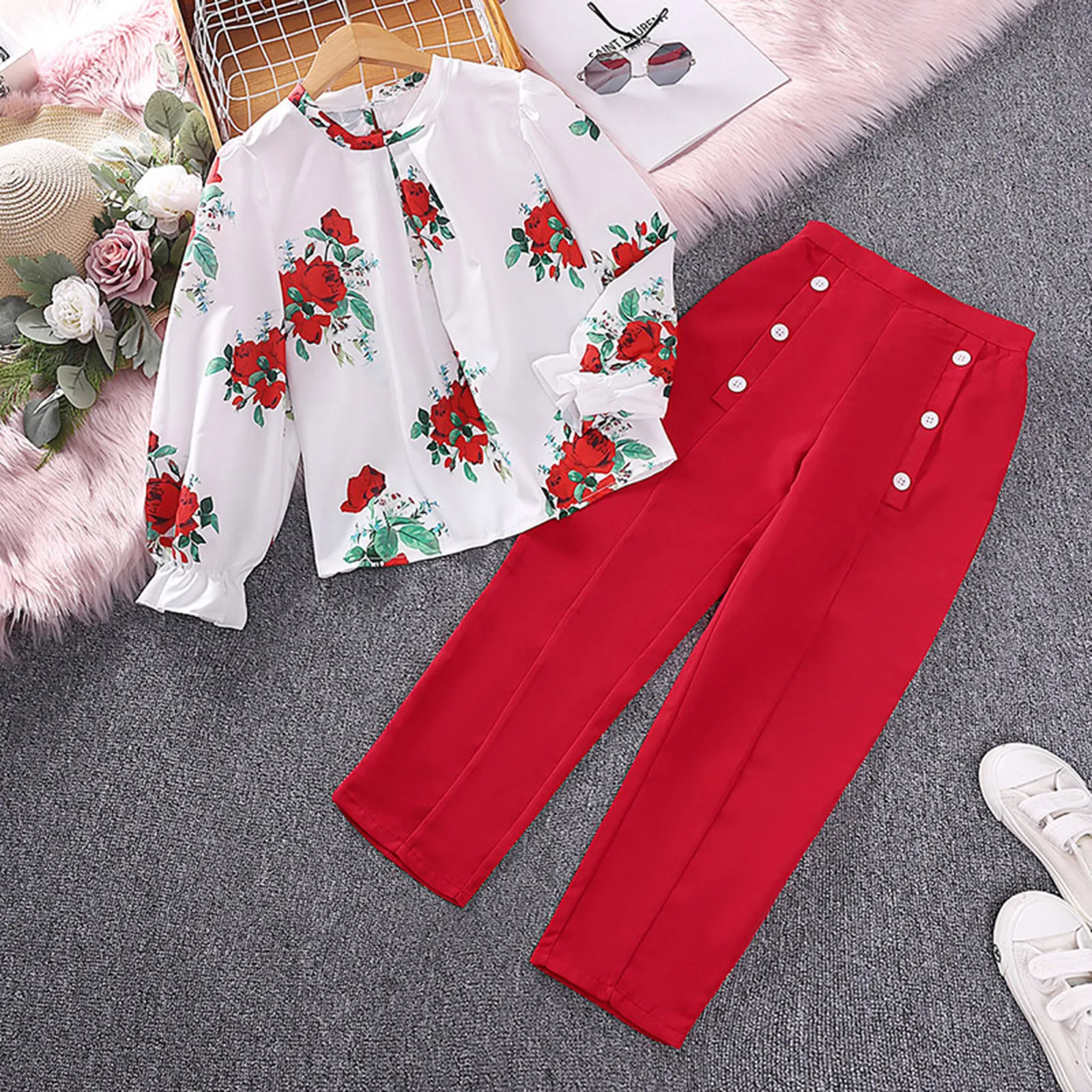 Kids Clothes Sets For Girls 8-12 Years Multiple Colors Flower Print Long Sleeve Tops And Pants Fashion 2Pcs Outfits Sets Clothes