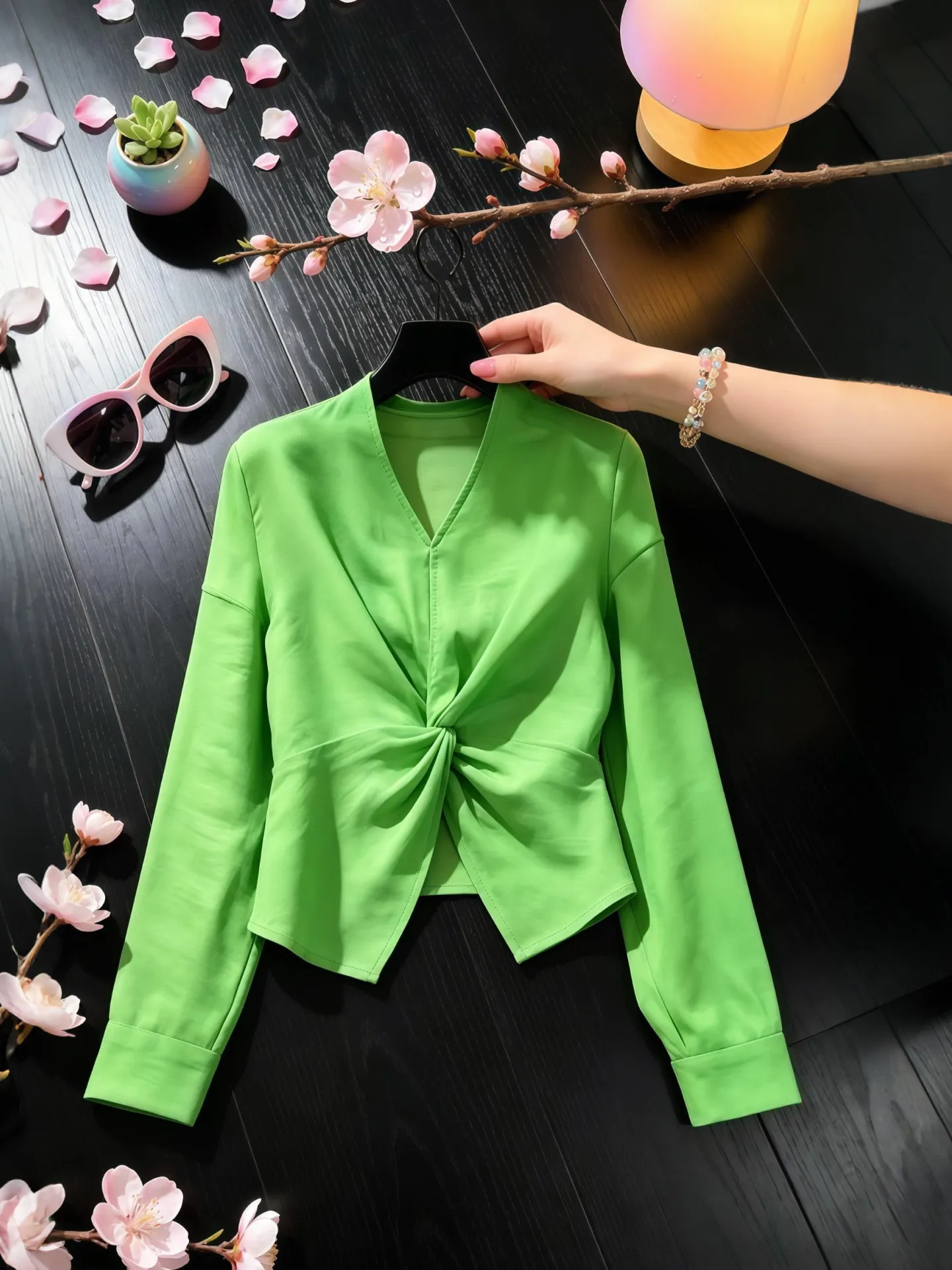 

Fashionable Casual Women's Shirt V-neck Waist-cinching Design Green Color Commute Style Long Sleeve Breathable Comfortable