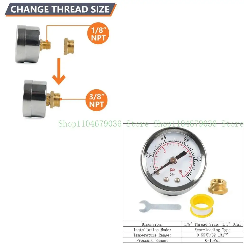 

652F 1/8'' NPT Pressure Gauge 0-15PSI 0-1Bar & Wrench Adaptor Double Scale Pressure Gauge for Fuel Injections System
