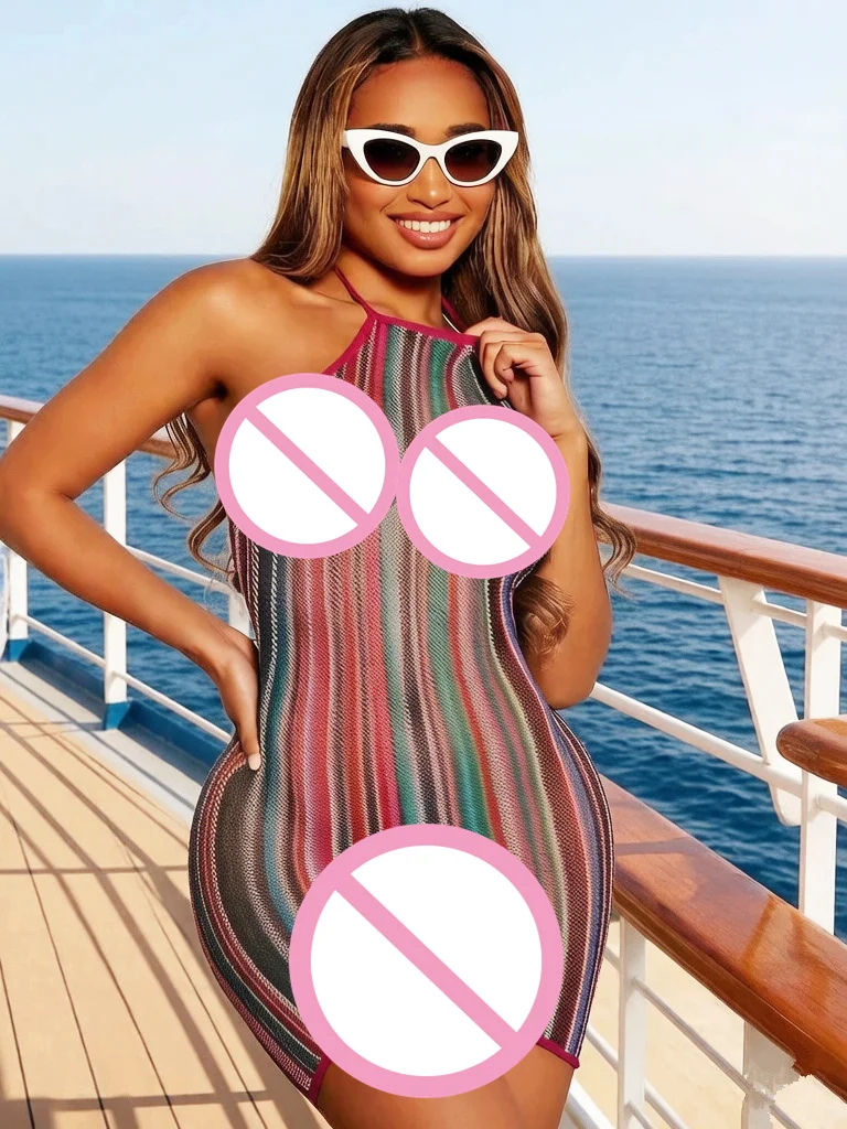 Rainbow 1PC Sexy Damen Netzkleid ohne Bikini, figurbetontes Kleid mit Aussparungen, durchsichtige Strandkleidung, Sommer-Bademode für Damen – Detail 4