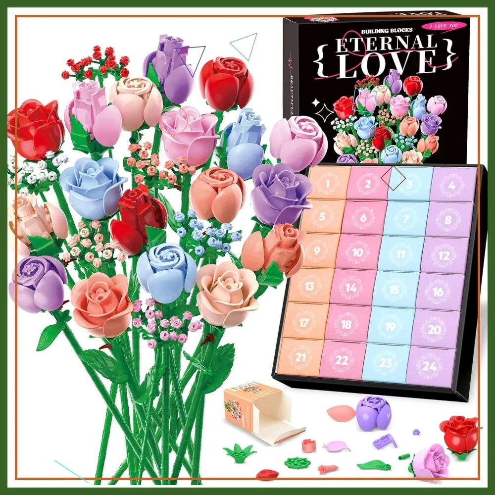

Красочный букет роз, строительный набор, 24 коробки, 1380 шт., искусственные цветы для домашнего декора, рождественские подарки на день Святого Валентина