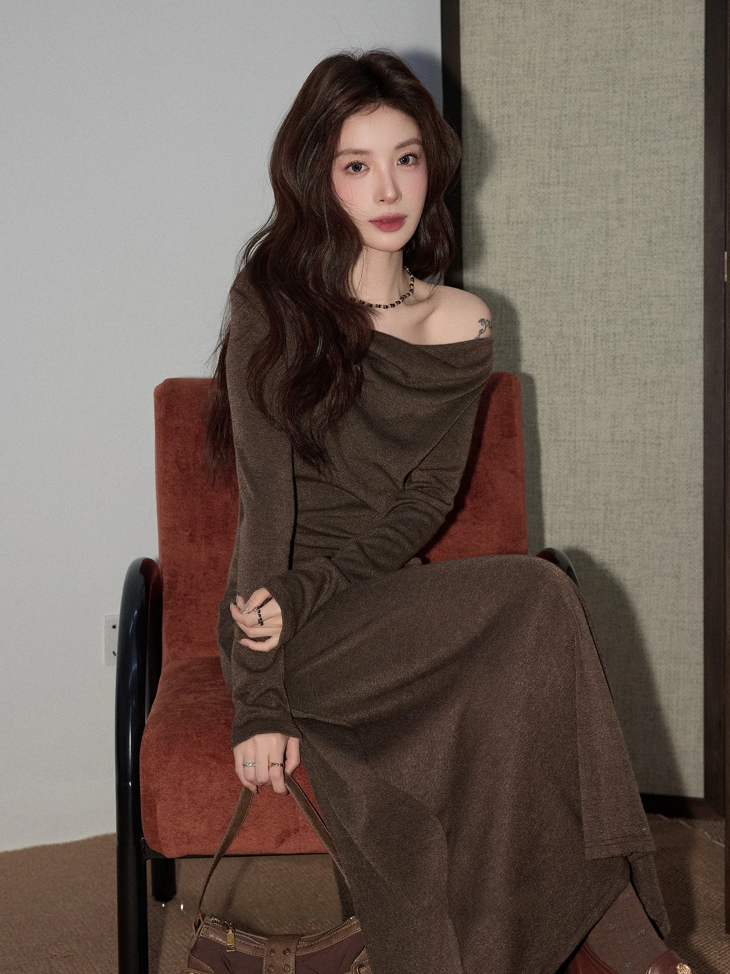 

Ele Knitted Long Sve One oulder Dr Women's Slim Fit Autumn Winter New Sle Ci Commute Faion French Sle