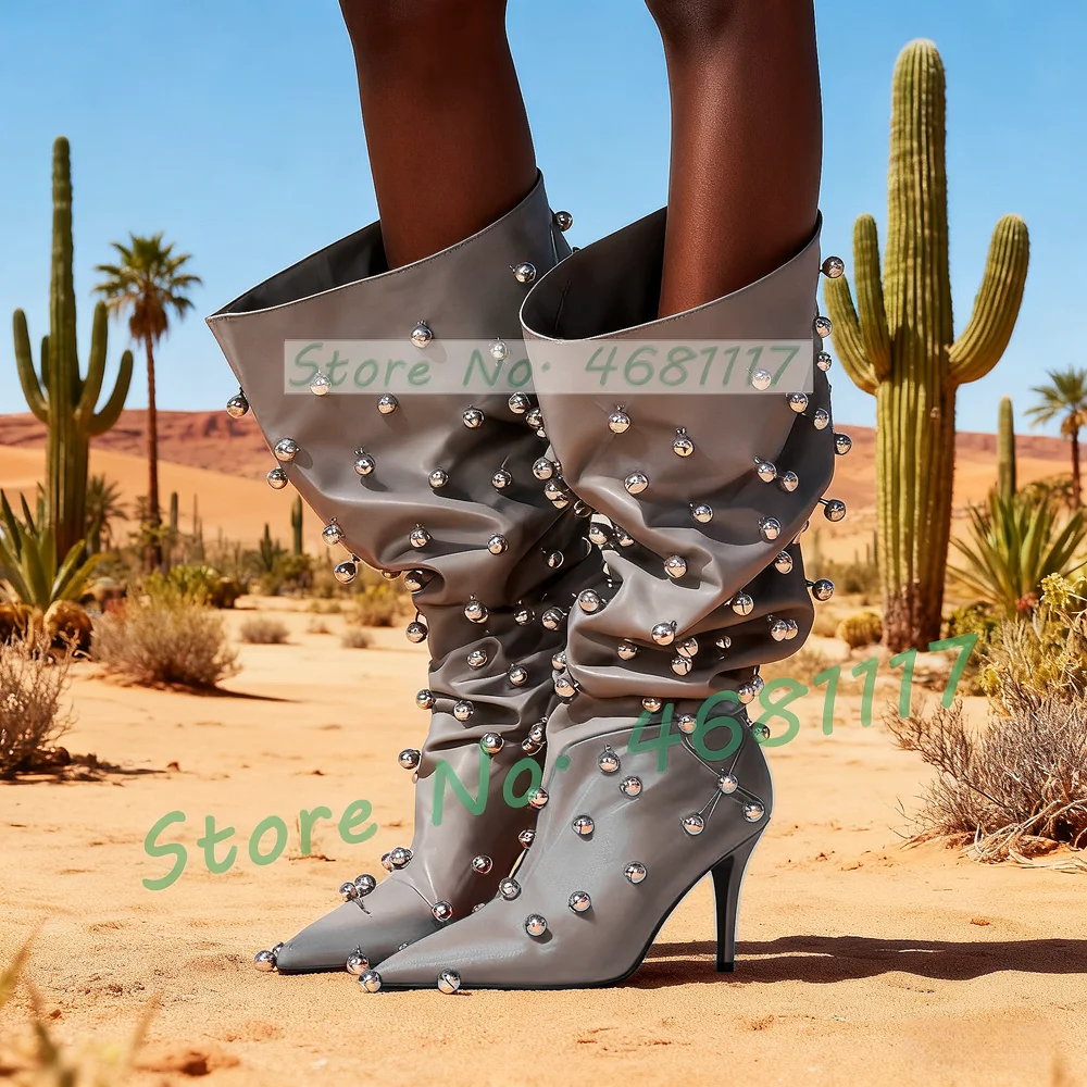 

Pleated Wide Knee Boots With Silver Jingle Bells Women Chic Metal Decor Denim High Heels Boots Ladies Pointy Toe Cool Punk Shoes