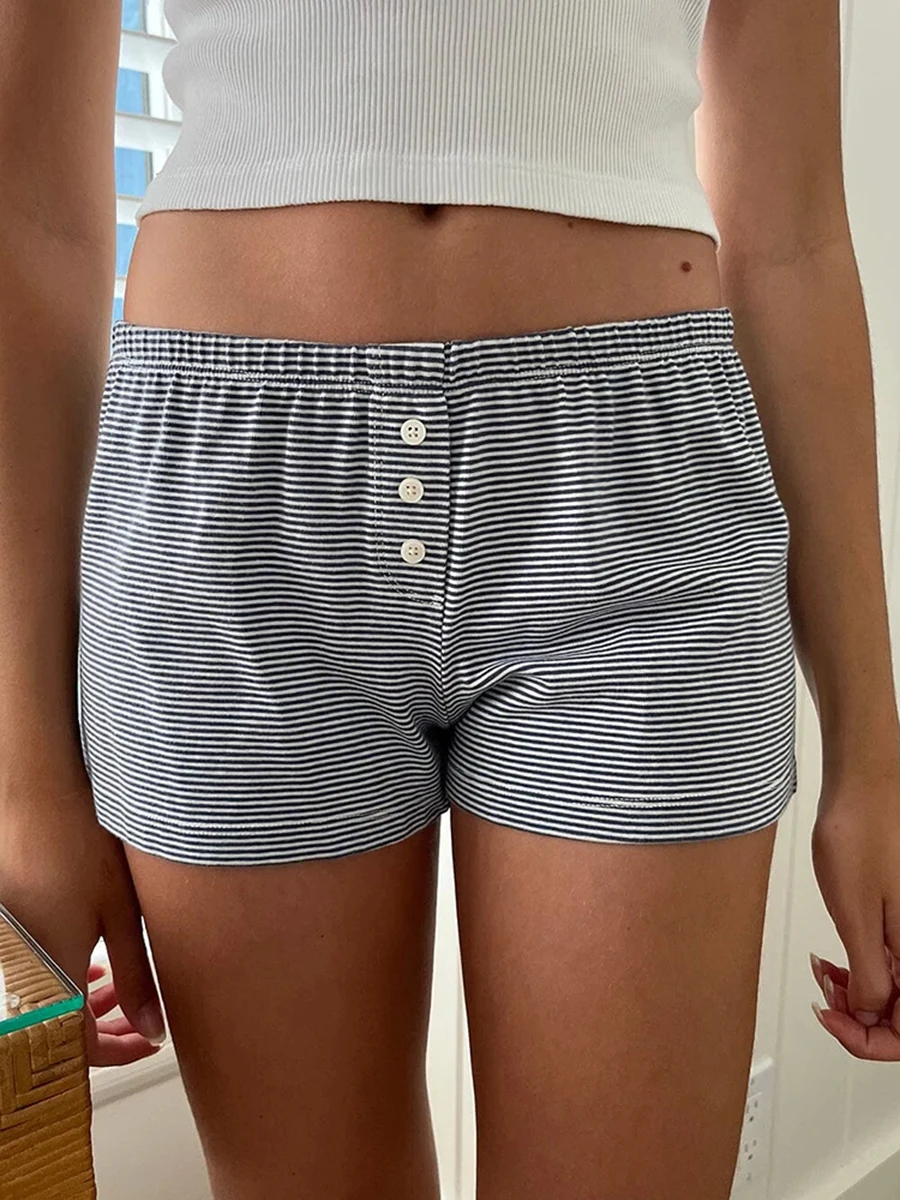 

Fashion Black Striped Buttons Short Pants Women New Elastic High Waist Casual Simple Home Underwear Vintage Cute Chic Y2K Shorts