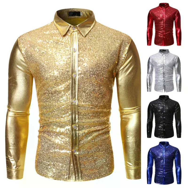 Mens Sequins Gold Shirt Solid Color Long Sleeve Standing Collar Button Tops Nightclub Performance Wedding Party Shirt Casual