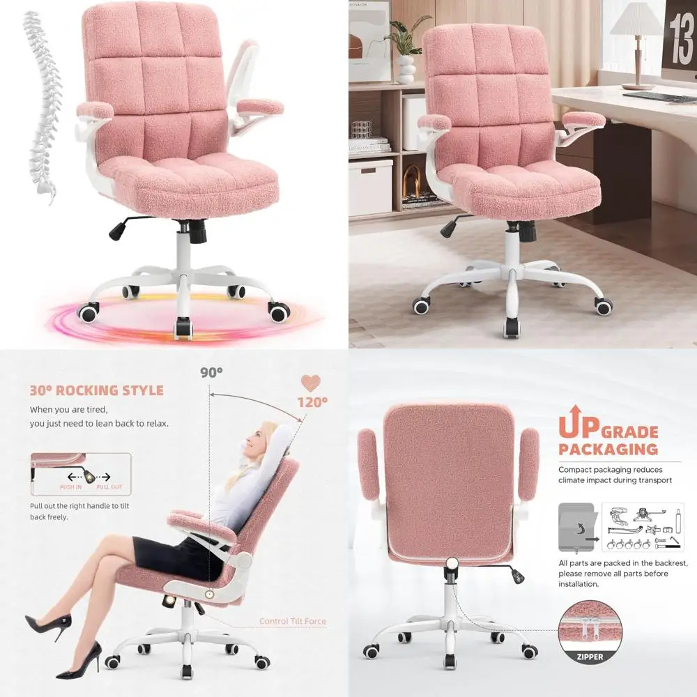 

Стул для домашнего офиса Эргономичный настольный стул Искусственный мех Удобное компьютерное кресло с откидными подлокотниками и поясничной опорой, розовый