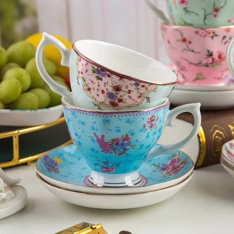 Porcelain European Flower Tea Cups and Saucers, Creative British Bone China Coffee Mug, Ceramic Afternoon Tea Drinkware, Fashion