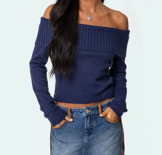 

The New European and American Women's Solid-Color One-shoulder Off-the-shoulder Long-sleeved Pullover Sweater Knitted Top