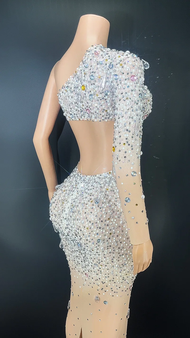 Vestido largo ahuecado con lentejuelas y perlas de diamante, prenda Sexy personalizada para fiesta de actuación