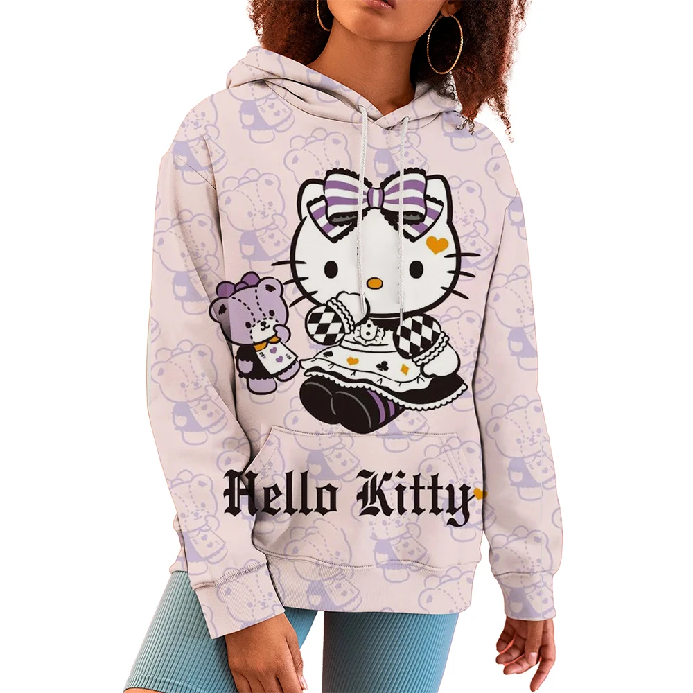 Damska bluza z nadrukiem Hello Kitty, damska bluza z kapturem High Street, odzież we wzór Y2K, swobodny sweter z okrągłym dekoltem